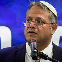 Far-right MK Itamar Ben Gvir speaks during a press conference in Ramat Gan, August 15, 2022. (Avshalom Sassoni/Flash90)