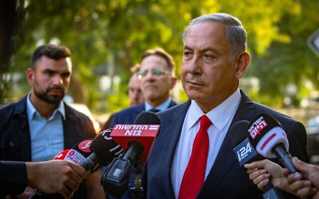 Opposition leader Benjamin Netanyahu speaks to the press after meeting with Prime Minister Yair Lapid, at the Prime Minister's Office in Jerusalem, on August 29, 2022. (Olivier Fitoussi/Flash90)