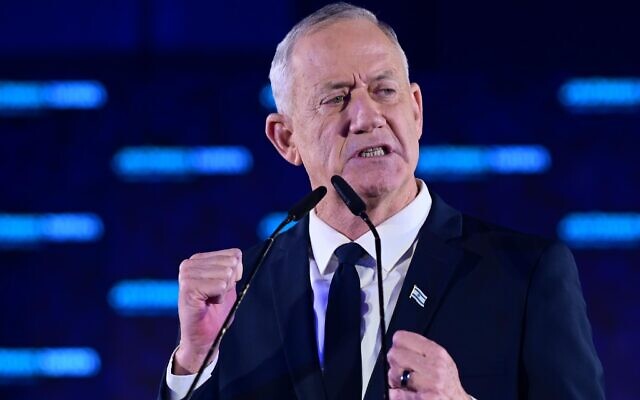 Head of the Blue and White party Benny Gantz speaks at the launch of the National Unity party campaign for the upcoming elections in Tel Aviv, September 6, 2022. (Tomer Neuberg/Flash90)