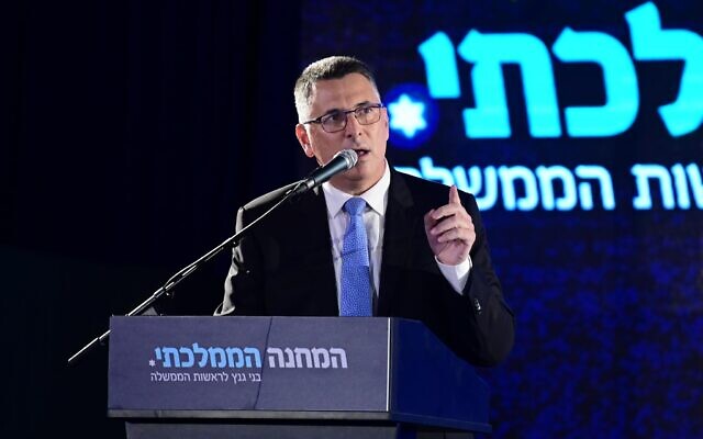 Justice Minister Gideon Saar at the launch of the National Unity party campaign for the upcoming elections in Tel Aviv, September 6, 2022. (Tomer Neuberg/Flash90)