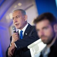 Head of the Likud party Benjamin Netanyahu attends a conference in Jerusalem, September 12, 2022. (Yonatan Sindel/Flash90)