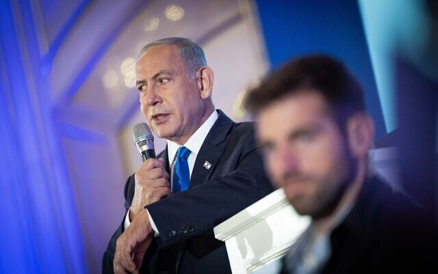 Head of the Likud party Benjamin Netanyahu attends a conference in Jerusalem, September 12, 2022. (Yonatan Sindel/Flash90)