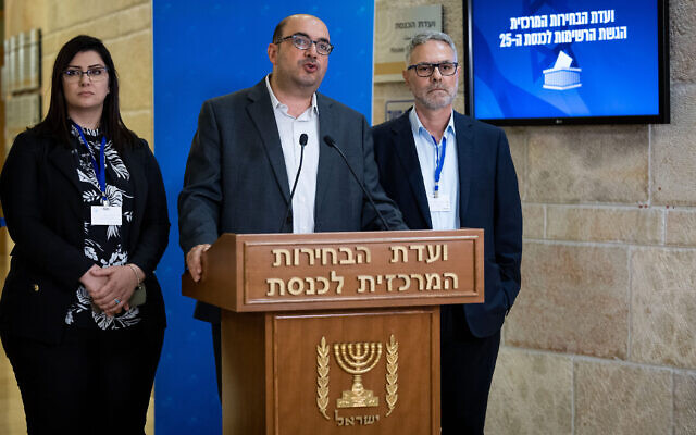 Balad leader Sami Abou Shehadeh addresses the media after registering the party’s list of candidates with the Central Elections Committee, at the Knesset on September 15, 2022. (Yonatan Sindel/Flash90)