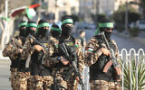 Palestinian members of Izz ad-Din al-Qassam Brigades, the armed wing of the Hamas terror group in Gaza City, September 21, 2022. (Attia Muhammed/Flash90)