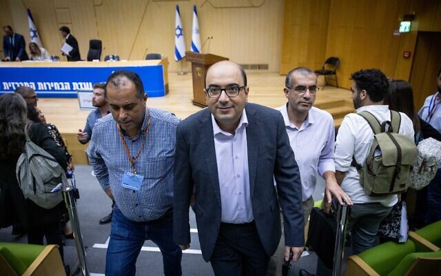 Head of the Balad party MK Sami Abu Shehadeh attends the Central Elections Committee meeting on the disqualifying of the the Balad party from running in the upcoming Israeli elections, at the Knesset, in Jerusalem, September 29, 2022. (Yonatan Sindel/Flash90)