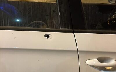 A bullet hole is seen on an Israeli car after it came under fire in the West Bank town of Huwara, September 19. 2022 (Rescuers Without Borders)