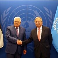 Palestinian Authority President Mahmoud Abbas (L) meets with UN Secretary-General Antonio Guterres at the United Nations headquarters in New York on September 19, 2022. (Mission of Palestine to the UN/Twitter)