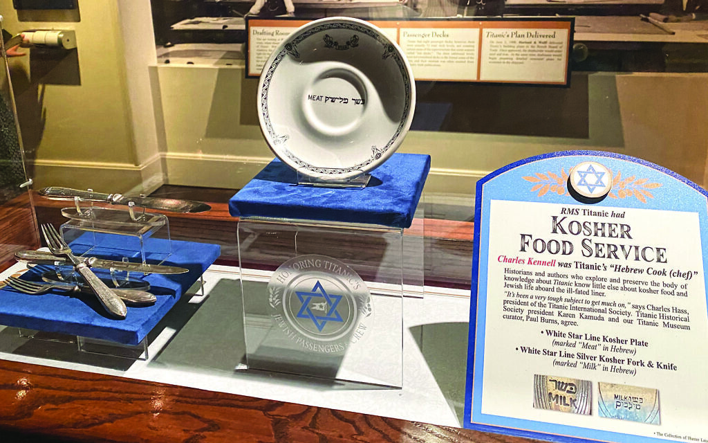 A kosher plate used for meat, and forks and knives used for dairy on the White Star Line dating to 1919-20 are on display at the Titanic Museum in Pigeon Forge. Kosher kitchen utensils from the Titanic, which sank in 1912, have not been found to date. (Marshall Weiss/ Dayton Jewish Observer)