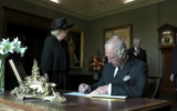 King Charles III was seen losing his temper at a leaking pen while he was signing a visitors' book in front of cameras in Northern Ireland, where he was visiting on the latest leg of his royal tour of the UK’s four nations, September 13, 2022 (youtube)