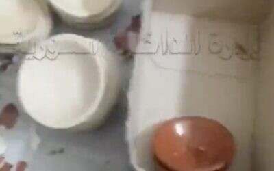 A screenshot of a video released by Syria's interior ministry on September 6, 2022, shows Hummus bowls allegedly made out of the drug captagon. (Twitter screenshot; used in accordance with Clause 27a of the Copyright Law)