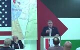 Republican candidate for governor in Illinois Darren Bailey speaks at the Palestinian American Club in Bridgeview, Illinois, on September 10, 2020. (Palestine TV/Facebook, used in accordance with Clause 27a of the Copyright Law)