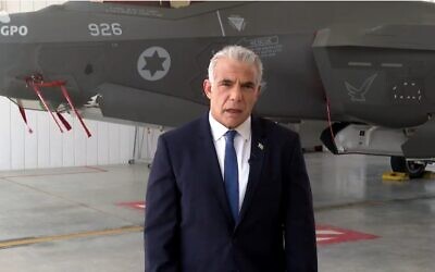 Prime Minister Yair Lapid at Nevatim airbase in southern Israel, September 6, 2022. (Video screenshot/GPO)