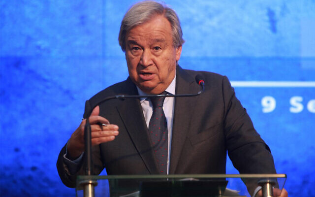 United Nations Secretary-General Antonio Guterres speaks during a joint press conference in Islamabad, Pakistan on September 9, 2022. (Ghulam Rasool/AFP)