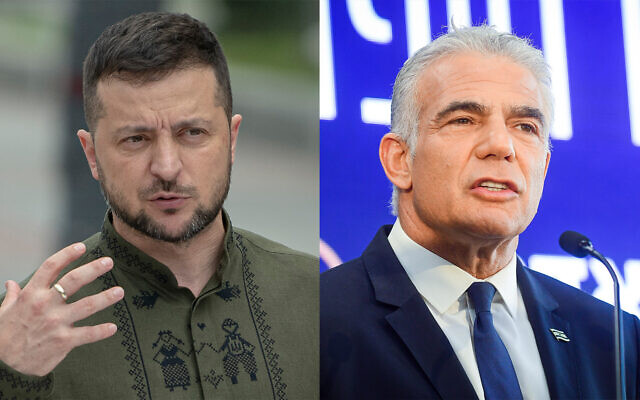 Composite image shows Ukrainian President Volodymyr Zelensky, left, and Prime Minister Yair Lapid, right. (AP/Andrew Kravchenko, Avshalom Sassoni/Flash90)