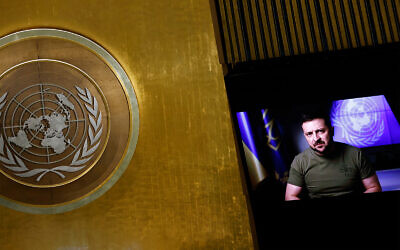 Ukrainian President Volodymyr Zelensky addresses the 77th session of the United Nations General Assembly via video, at UN headquarters in New York, September 21, 2022. (AP Photo/Jason DeCrow)
