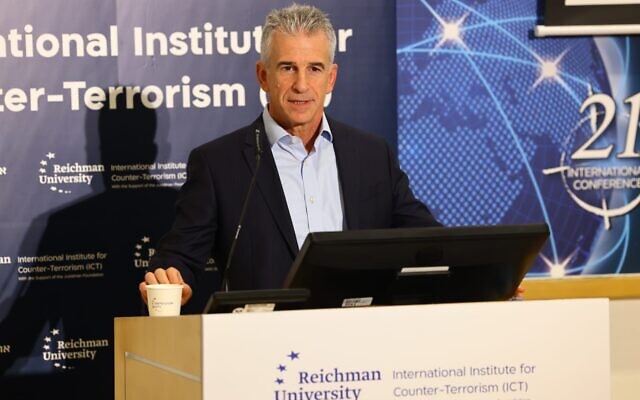 Mossad chief David Barnea speaks at the annual conference of the Institute for Counter-Terrorism Policy (ICT) at Reichman University in Herzliya on September 12, 2022. (Gilad Kavalerchik)