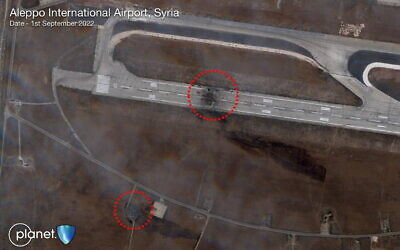 This satellite image taken September 1, 2022, shows damage caused in an airstrike attribued to Israel at the Aleppo International Airport in northern Syria. (Planet Labs PBC via Aurora Intel)