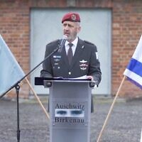 IDF chief Aviv Kohavi speaks at the Auschwitz Nazi death camp in Poland, September 19, 2022. (Israel Defense Forces)