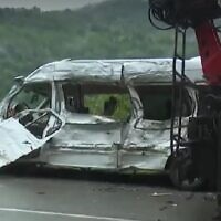A minibus following a fatal crash outside Batumi, Georgia, on September 23, 2022. (Screen capture/used in accordance with Clause 27a of the Copyright Law)