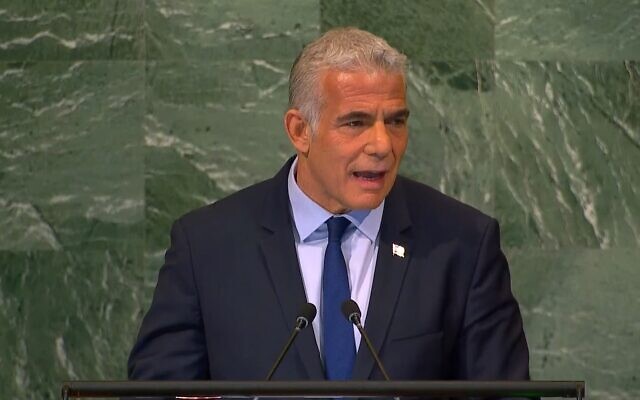 Prime Minister Yair Lapid addresses the United Nations General Assembly on September 22, 2022. (Screenshot)