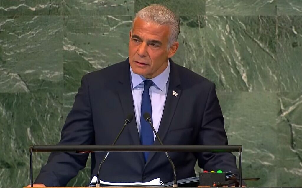 Prime Minister Yair Lapid addresses the United Nations General Assembly on September 22, 2022. (YouTube screenshot, used in accordance with Clause 27a of the Copyright Law)
