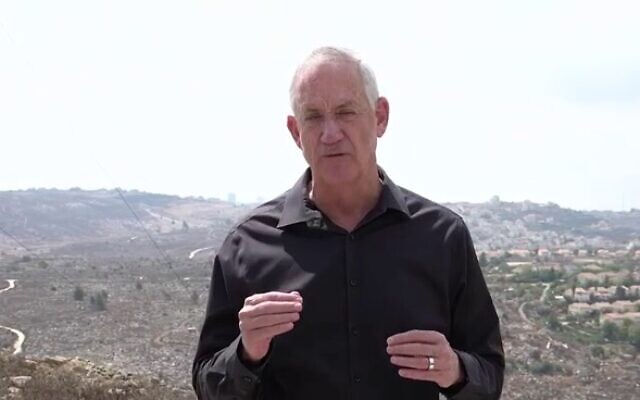 Defense Minister Benny Gantz issues a statement at the Israel Defense Forces Judea and Samaria Division base in the West Bank, September 20, 2022. (Nicole Laskavi/Defense Ministry)