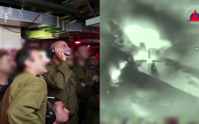 Israeli officers react to the successful strike of a Gabriel V anti-ship missile on a mock ship during a test in August 2022. (Israel Defense Forces)