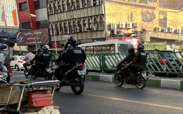 A picture obtained by AFP outside Iran, reportedly shows Iranian police patrolling in the capital Tehran on October 8, 2022. (AFP)