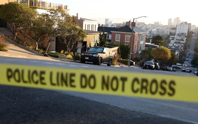 Police tape is seen in front of the home of US Speaker of the House Nancy Pelosi on October 28, 2022 in San Francisco, California. Paul Pelosi, her husband, was violently attacked in their home by an intruder. (Justin Sullivan/Getty Images/AFP)
