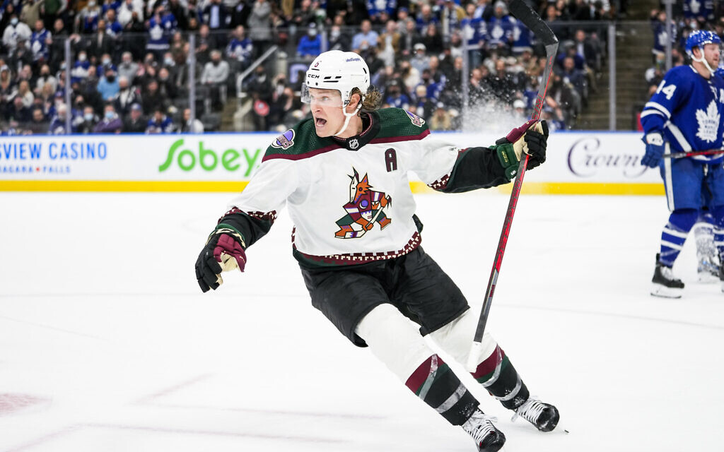 Jakob Chychrun of the Arizona Coyotes celebrates after scoring the game winning goal in overtime against the Toronto Maple Leafs in Toronto, March 10, 2022. (Andrew Lahodynskyj/NHLI via Getty Images/ via JTA)