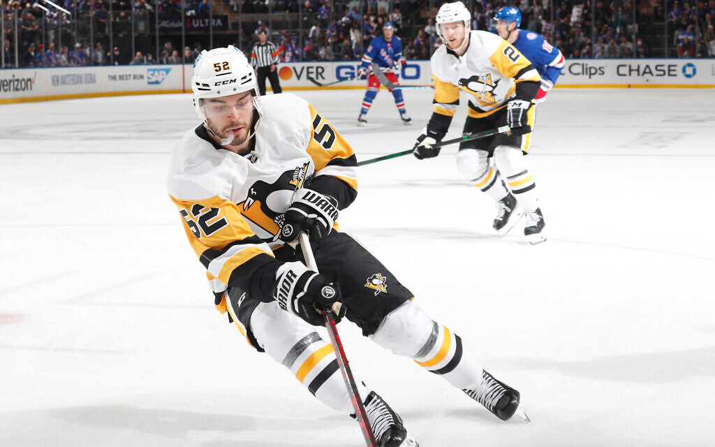 Mark Friedman, #52 of the Pittsburgh Penguins, skates against the New York Rangers in Game Two of the First Round of the 2022 Stanley Cup Playoffs at Madison Square Garden on May 5, 2022 in New York City. (Photo by Jared Silber/NHLI via Getty Images/ via JTA)