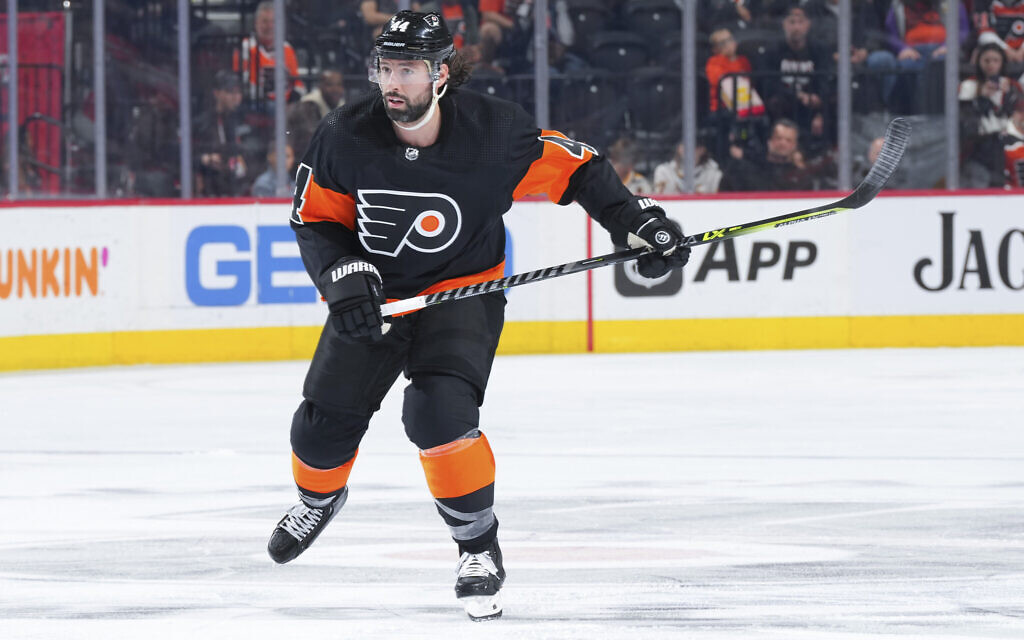 Nate Thompson, #44 of the Philadelphia Flyers, skates against the Pittsburgh Penguins at the Wells Fargo Center on April 24, 2022, in Philadelphia, Pennsylvania.(Photo by Mitchell Leff/Getty Images/ via JTA)