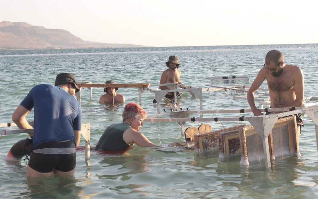 Artist Sigalit Landau and her team submerging items in the Dead Sea as part of her artistic process. (Courtesy Shaxaf Haber)