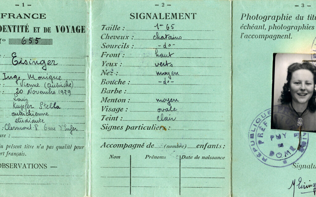 Inge (Monique) Eisinger's identification papers for her emigration from France to the US in late 1946. (Courtesy)
