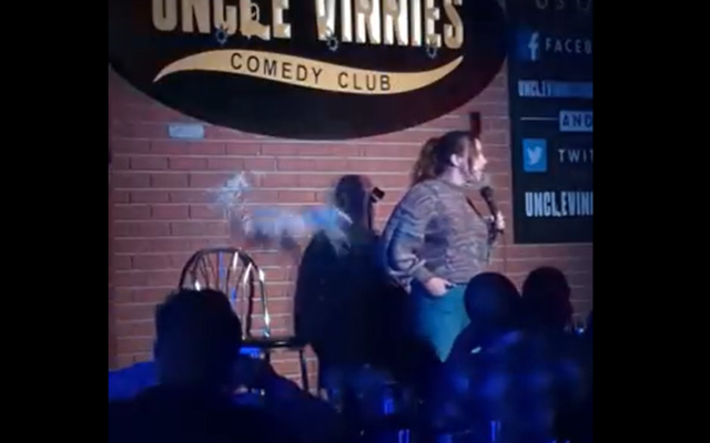 The moment a beer can is thrown at Jewish comedian Ariel Elias while she performs a set at Uncle Vinnies, Point Pleasant Beach, New Jersey, October 9, 2022. (YouTube screenshot; used in accordance with Clause 27a of the Copyright Law)