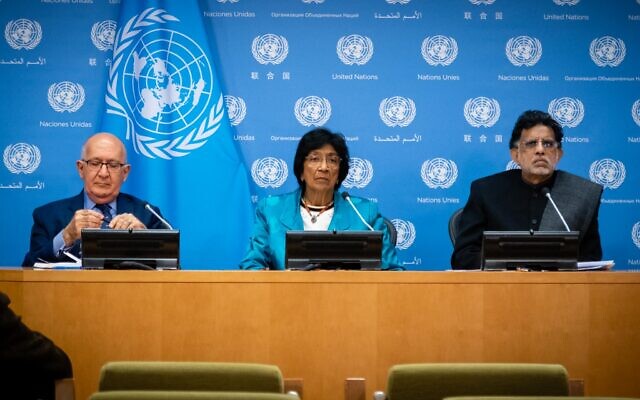 UN commissioners Chris Sidoti, left, Navi Pillay, center, and Miloon Kothari, right, discuss their probe into Israel and the Palestinians at the United Nations in New York, October 27, 2022. (Luke Tress/Times of Israel)