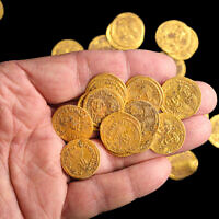 A hoard of gold coins found at the Banias archaeological site.  (Dafna Gazit/Antiquities Authority)
