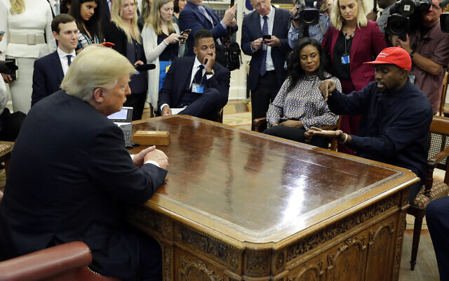 In this Oct. 11, 2018 file photo, rapper Kanye West speaks to President Donald Trump and others in the Oval Office of the White House in Washington. (AP Photo/Evan Vucci, File)