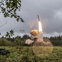 This undated file photo provided Sept. 19, 2017, by Russian Defense Ministry official web site shows a Russian Iskander-K missile launched during a military exercise at a training ground at the Luzhsky Range, near St. Petersburg, Russia (Russian Defense Ministry Press Service via AP/File)