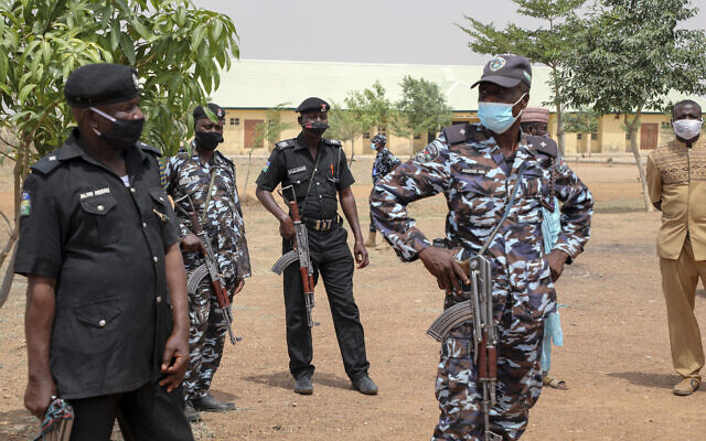 Illustrative: Nigerian security forces in Jangebe town, Zamfara state, northern Nigeria February 28, 2021. (Ibrahim Mansur/AP)