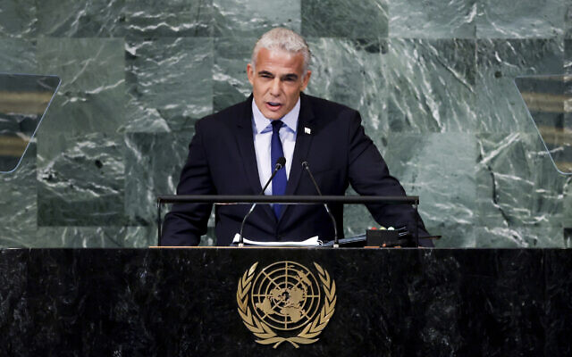 Prime Minister Yair Lapid addresses the 77th session of the United Nations General Assembly, Sept. 22, 2022, at UN headquarters. (AP Photo/Julia Nikhinson)
