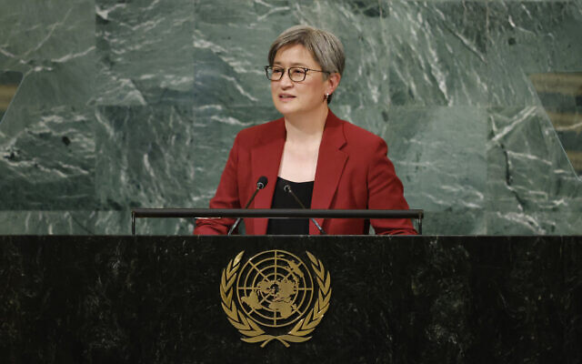 Australian Foreign Minister Penny Wong addresses the 77th session of the United Nations General Assembly, at UN headquarters, September 23, 2022. (AP Photo/Jason DeCrow)