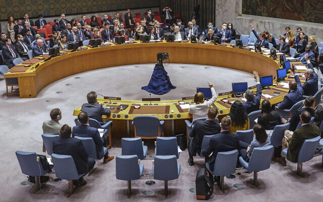 United Nations Security Council vote on a draft resolution sanctioning Russia's planned annexation of war occupied Ukraine territory, September 30, 2022, at UN headquarters. (AP Photo/Bebeto Matthews)