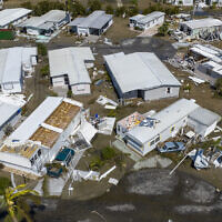An aerial view of a damaged trailer park after Hurricane Ian passed by the area in Fort Myers, Florida, October 1, 2022. (Steve Helber/AP)