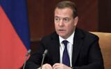 Russian Security Council Deputy Chairman and head of the United Russia party Dmitry Medvedev speaks during a meeting outside Moscow, Russia, Oct. 3, 2022 (Ekaterina Shtukina, Sputnik Pool Photo via AP)