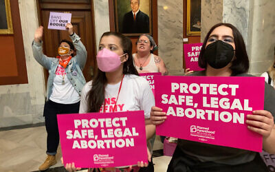 Abortion rights supporters chant their objections at the Kentucky Capitol on April 13, 2022, in Frankfort, Ky. (AP/Bruce Schreiner)