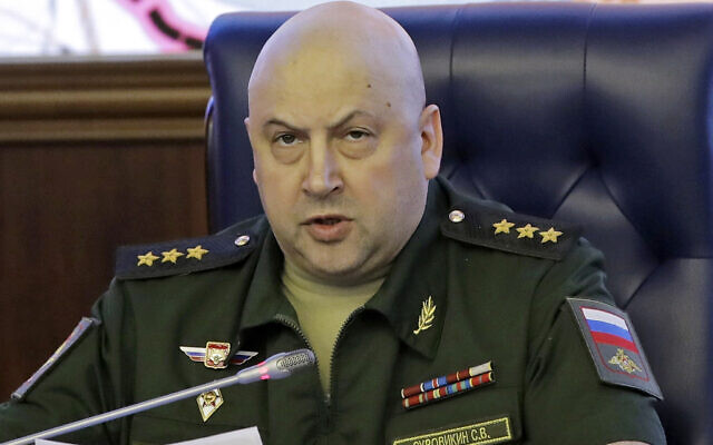 Colonel General Sergei Surovikin, then-Commander of the Russian forces in Syria, speaks at a briefing in the Russian Defense Ministry in Moscow, Russia, Friday, June 9, 2017. (AP Photo/Pavel Golovkin, File)