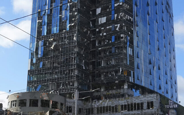 A damaged tower block at the scene of Russian shelling in Kyiv, Ukraine, October 10, 2022. (AP Photo/Efrem Lukatsky)