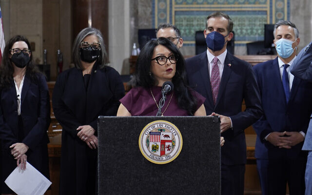 Los Angeles City Council President Nury Martinez, at podium, at a news conference in Los Angeles on April 1, 2022. (AP/Damian Dovarganes)