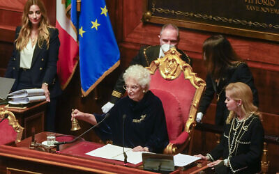 Holocaust survivor, Senator Liliana Segre chairs the opening session of the Italian Senate of the newly elected parliament, October 13, 2022. (Gregorio Borgia/AP)